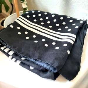 Classic black & white polka dot large square scarf with striped edge.